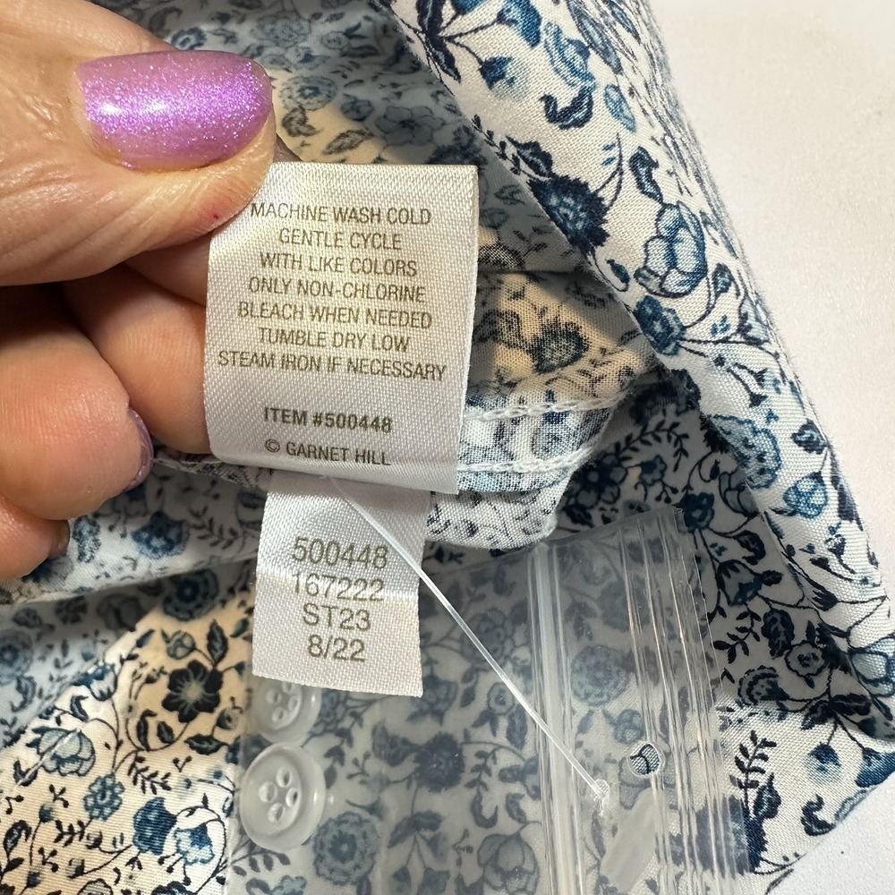 Garnet Hill Organic Pima Cotton Floral Button Front Shirt Womens Size 14 Blue - Picture 6 of 10